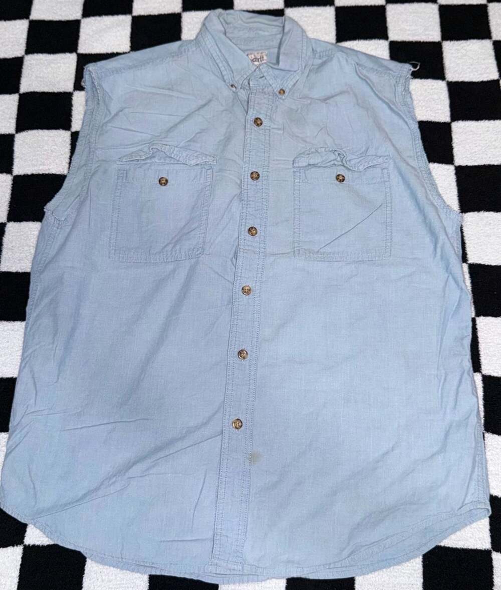 Carhartt Vintage Light Blue Chambray Sleeveless Button-Down Work Shirt Large